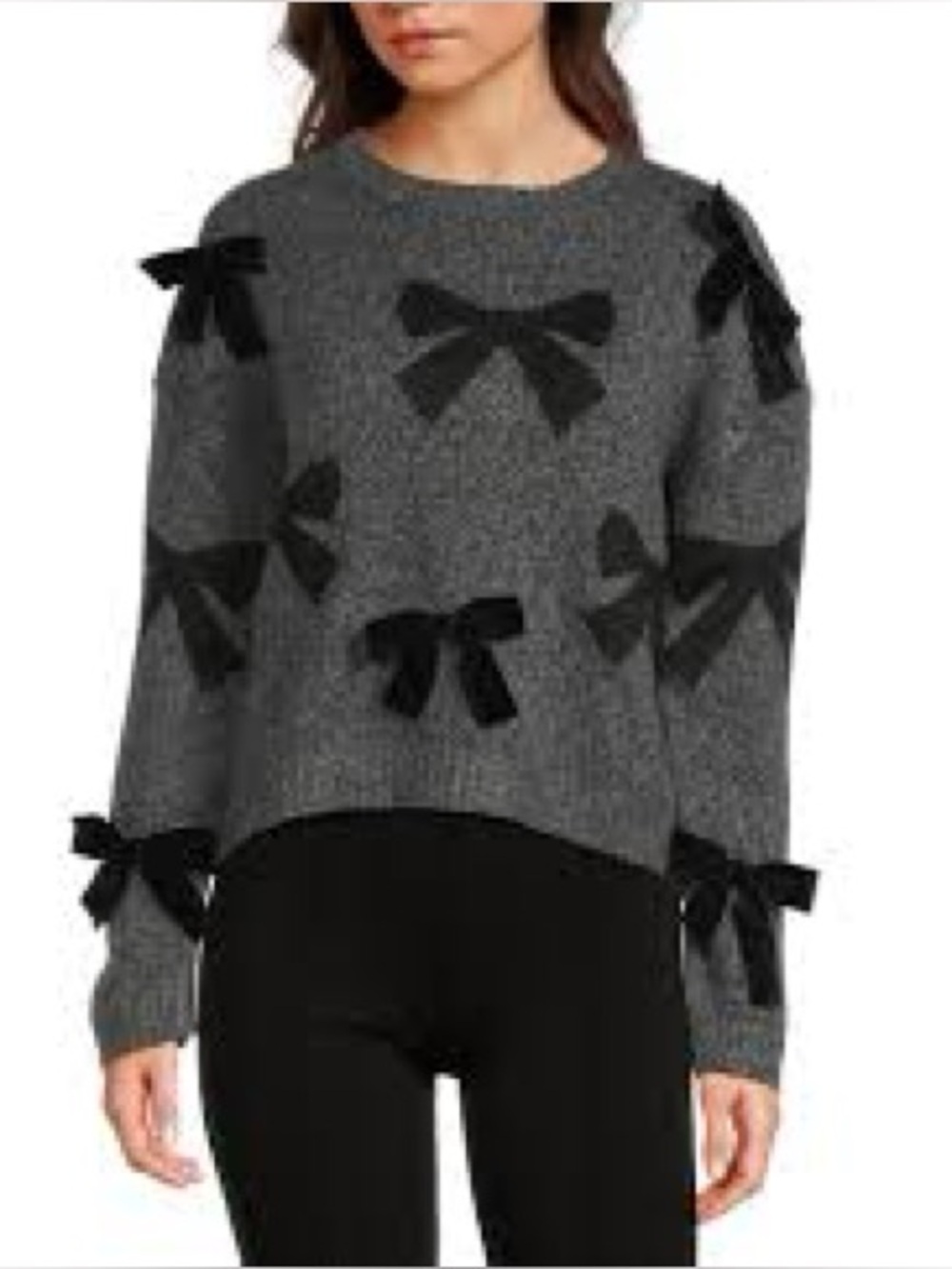 I.N. San Francisco Gray Knit Crewneck Sweater with Black Bow Accents